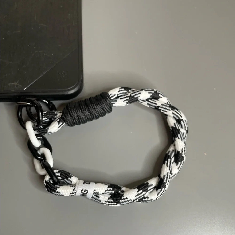 Men’s Black & White Braided Phone Wrist Lanyard with Chain Accent